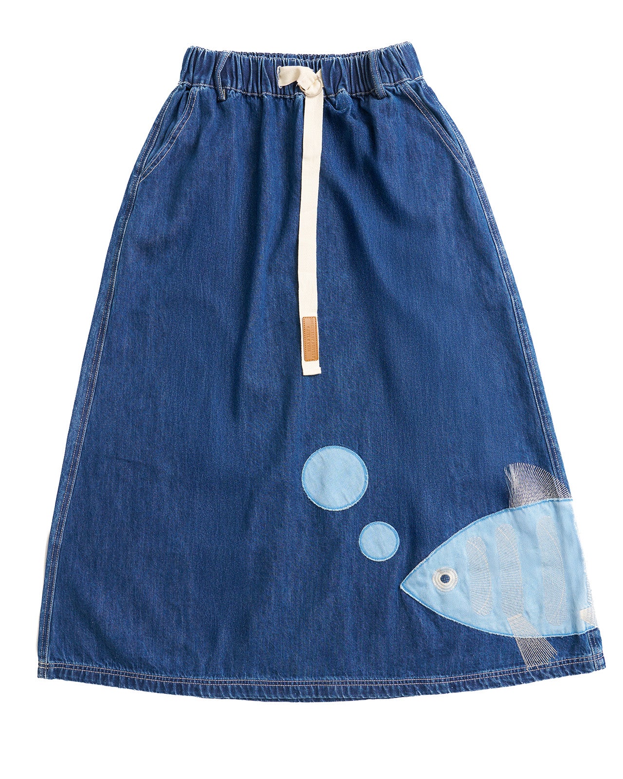 The Gilly Skirt – Fish Patchwork Denim Midi Skirt | Kina & Tam