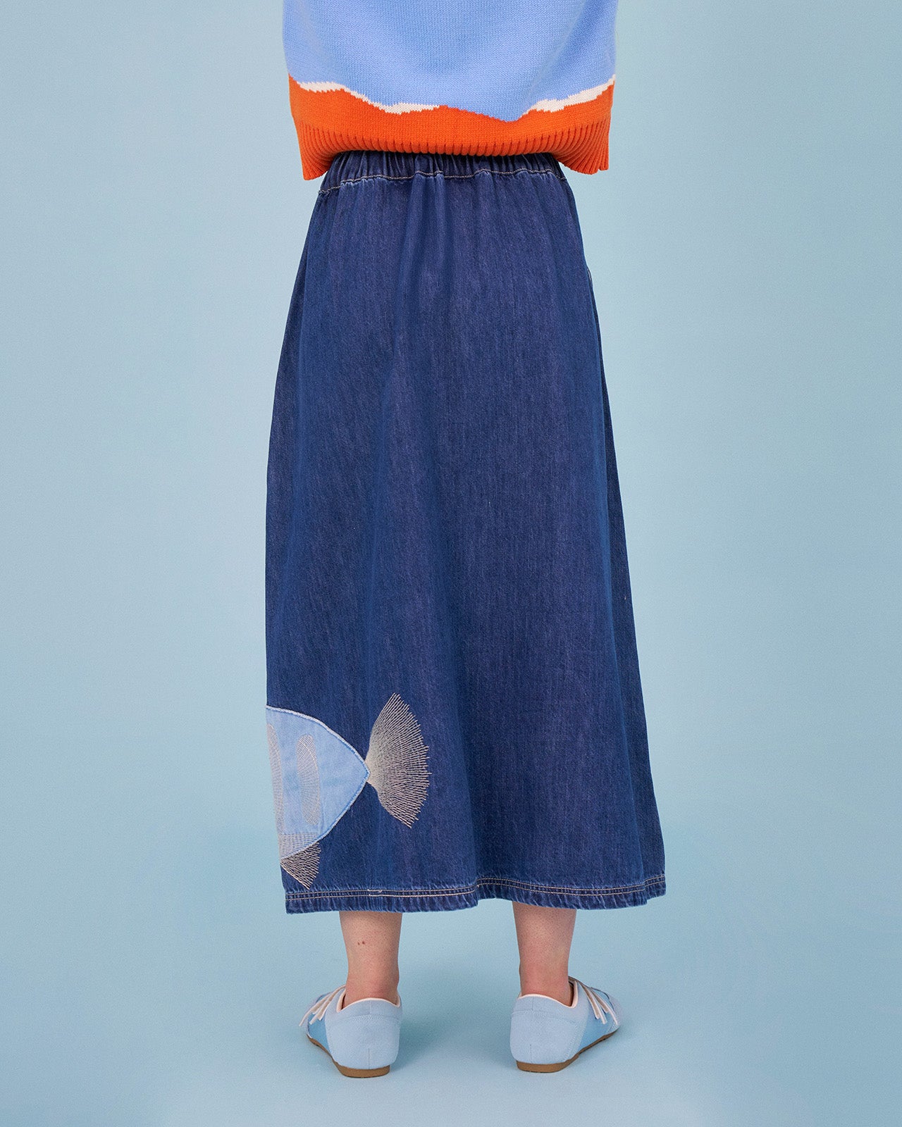YUEQI QI❤️DENIM SUAN PAN SKIRT BLU The Gilly Skirt – Fish Patchwork Denim Midi Skirt | Kina & Tam